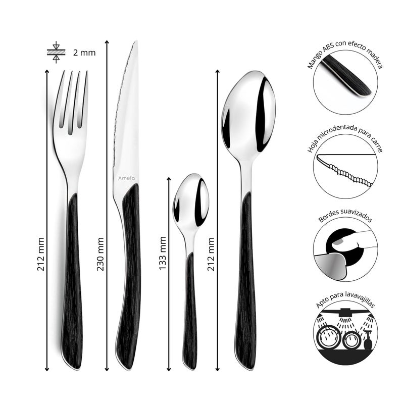 Amefa مجموعة أدوات المائدة والأواني الفضية من أميفا إكلا 24 قطعة بمقبض خشبي أسود من الفولاذ المقاوم للصدأ لـ 6-18/0 مع سكاكين ستيك، وشوك، وملاعق - آمنة للغسل في غسالة الصحون - أدوات مائدة سوداء - Image 3